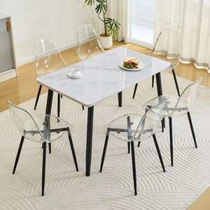 English Elm Table Set with Marble Glass Top Six Transparent Chairs for Modern Dining Spaces W1151S04633