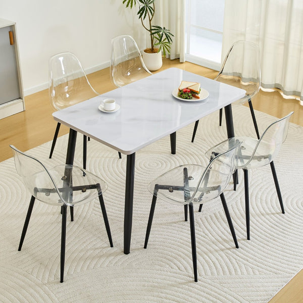 English Elm Table Set with Marble Glass Top Six Transparent Chairs for Modern Dining Spaces W1151S04633