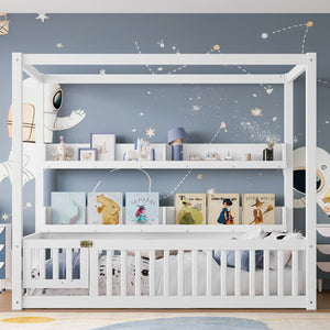 English Elm Twin House Floor Bed with Door and Full-Length Guardrails, Solid Wood Double Twin Floor Bed for Kids' Playful Rooms Light White W1580P359327