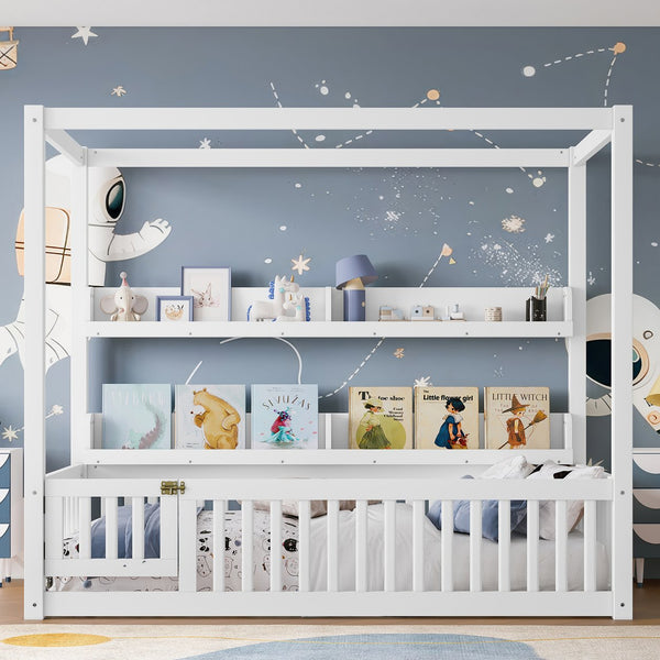 English Elm Twin House Floor Bed with Door and Full-Length Guardrails, Solid Wood Double Twin Floor Bed for Kids' Playful Rooms Light White W1580P359327
