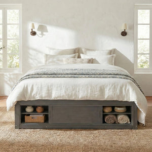 English Elm Queen Platform Bed with Four Storage Drawers Footboard Cubby Modern Low Profile Frame Gray LP000138AAE