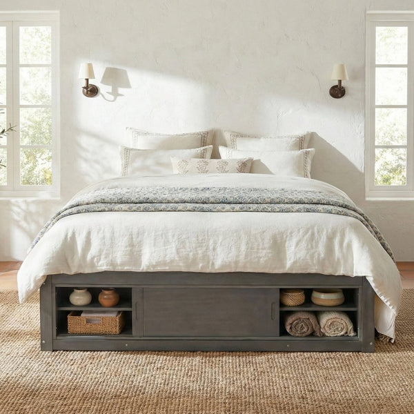 English Elm Queen Platform Bed with Four Storage Drawers Footboard Cubby Modern Low Profile Frame Gray LP000138AAE