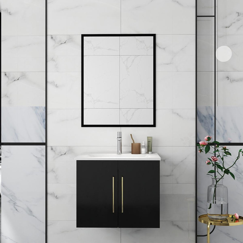 English Elm 24-Inch Modern Wall-Mounted Bathroom Vanity With Sink & Mirror, Soft Close Doors & Gold Accents W3151S00035