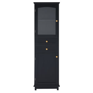 English Elm 63" Tall Bathroom Vanity Cabinet with Glass Doors, Two Drawers and Adjustable Shelves for Stylish Storage Black N729P171305B