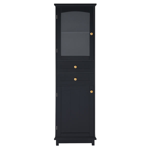 English Elm 63" Tall Bathroom Vanity Cabinet with Glass Doors, Two Drawers and Adjustable Shelves for Stylish Storage Black N729P171305B