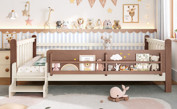 English Elm Queen Bunk Bed with Trundle Solid Pine Kids Car Themed Frame Built-in Bookshelf Beige+Natural W1580S00536