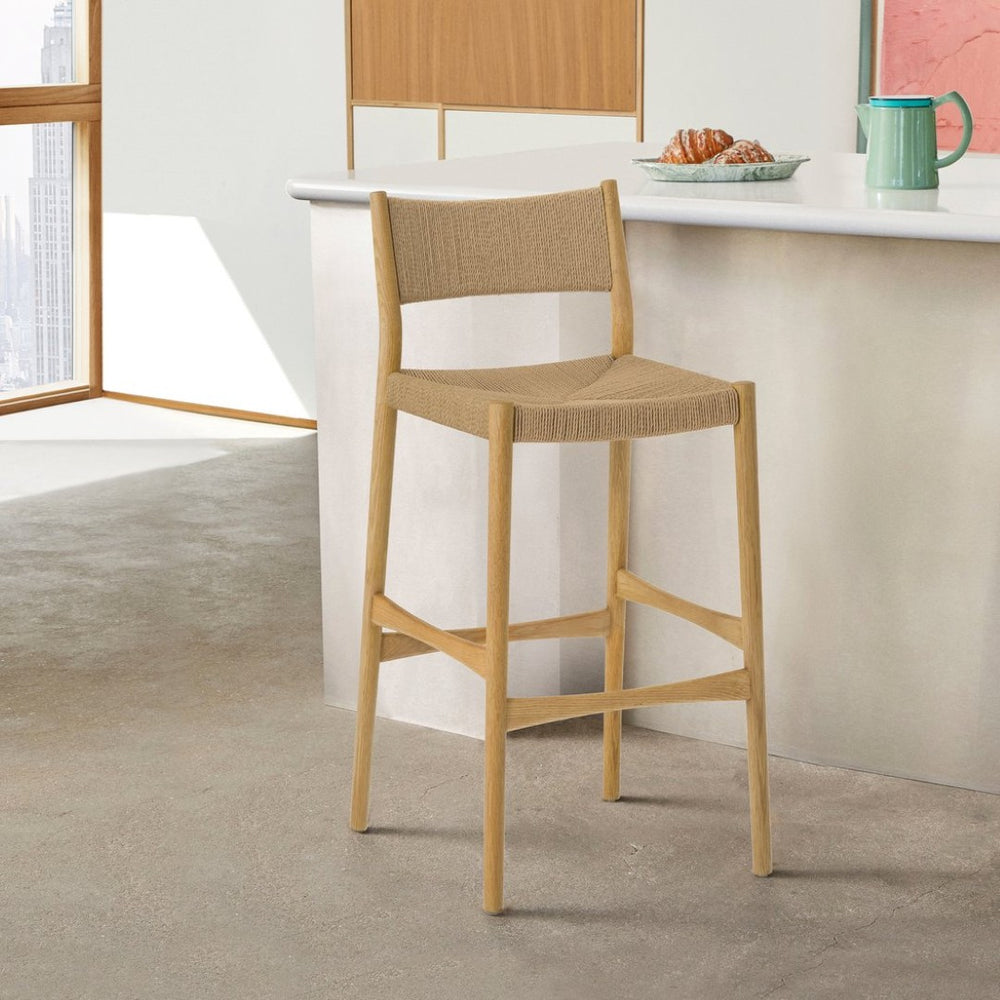English Elm Erie Solid Oak Bar Stool with Woven Paper Cord Seat for Kitchen Island or Home Bar B2736P464817