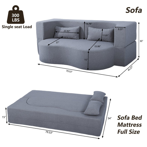 English Elm 2-in-1 Convertible Sofa Bed - Full Size Folding Loveseat with Plush Teddy Fabric, No Assembly Needed Grey W3163P322890