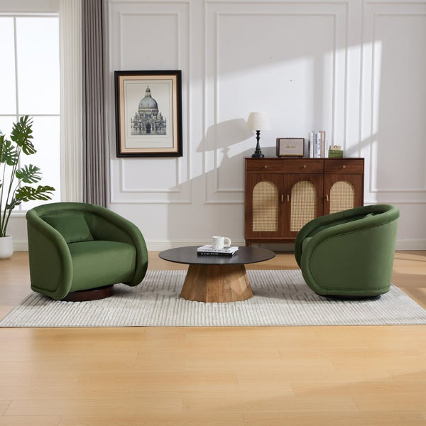 English Elm Swivel Barrel Chair Pumpkin Sculptural Velvet Upholstered with Walnut Wood Round Base Green W3244P427740