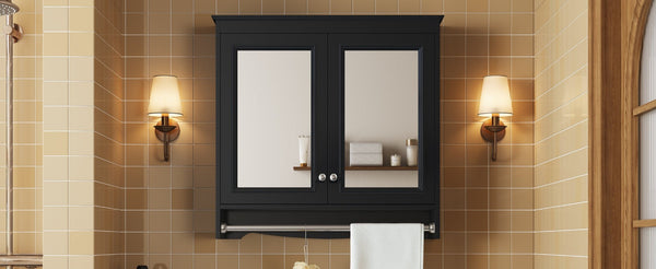 English Elm 3-in-1 Wall Mounted Medicine Cabinet with Soft Close Door Adjustable Shelves and Towel Bar Black N710P405415B