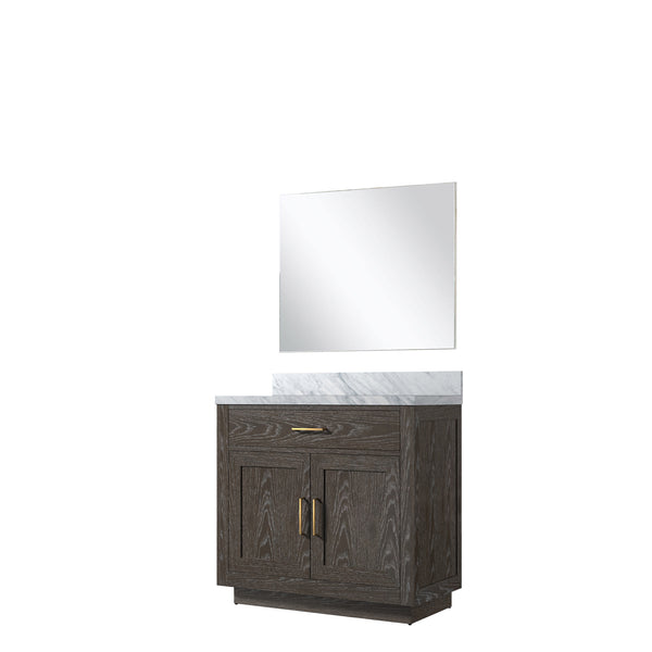 English Elm Brown Oak Single Bath Vanity With Carrara Marble Top & Frameless Mirror – Stylish & Functional Design B2731S01395