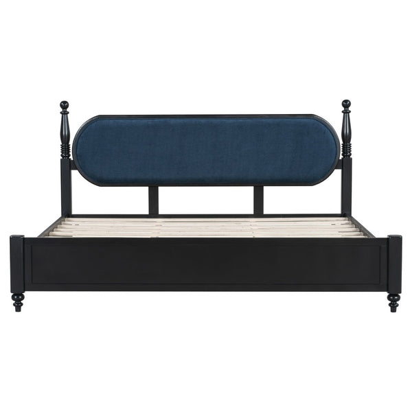 English Elm King Platform Bed Solid Wood Frame Navy Velvet Headboard Modern Bedroom Furniture N770PK379966C