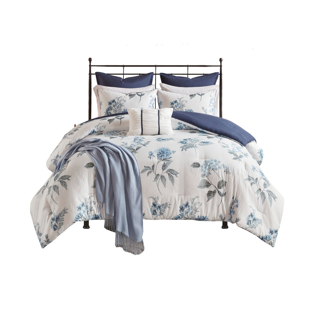 English Elm 7 Seersucker Comforter Set with Floral Print, Euro Shams, Decorative Pillow & Throw Blanket, Full/Queen Blue 23.62 L x 18.9 W x 12.2 H B03597121