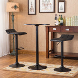 English Elm Belham Black Round Top With Black Leg and Base Metal Bar Table and 2 Swivel Black Bonded Leather Adjustable Bar Stool Bar Sets