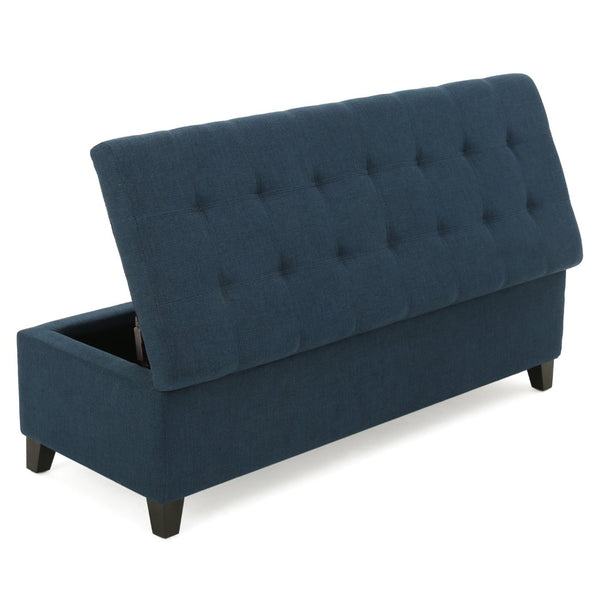 English Elm Upholstered Boucle Storage Bench Soft Close Flip Top Rubberwood Legs Bedroom Entryway Navy Blue N779P395018N