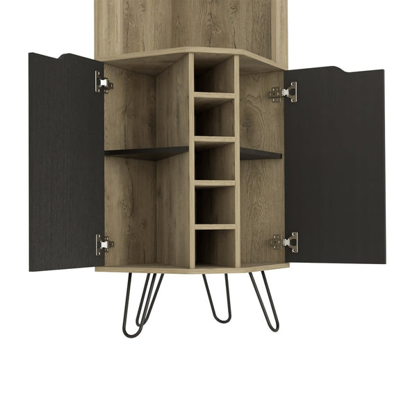 English Elm Grace Corner Bar Cabinet with Wine Rack Stemware Hanging and Concealed Shelving Storage B128S00212