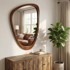 English Elm Black Walnut Solid Wood Irregular Frame Wall Mirror Sculptural Accent for Any Room Black + Dark Walnut W2203P436508
