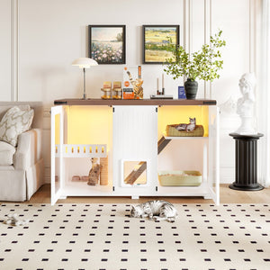 English Elm 47.25" Modern Cat Litter Box Enclosure with LED, Stairs & Scratcher, Smart Door Cabinet Side Table N704P270707K