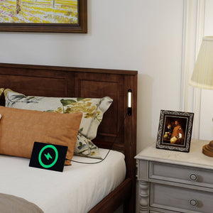 English Elm King Pine Wood Platform Bed with Led Lighting Usb Charging Tall Panel Headboard Walnut W504S00275