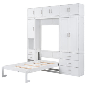 English Elm Twin Murphy Bed with Lockers & Wardrobes White — Space-Saving Foldaway Cabinet Bed w/ Shelves, Drawers and Video Guide GX000391AAK