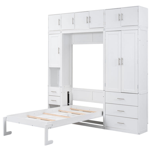 English Elm Twin Murphy Bed with Lockers & Wardrobes White — Space-Saving Foldaway Cabinet Bed w/ Shelves, Drawers and Video Guide GX000391AAK