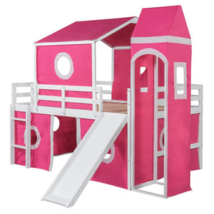 English Elm Full Size Kids Castle Loft Bed with Slide Tent and Tower Pinewood Play Structure LT000771AAH-1