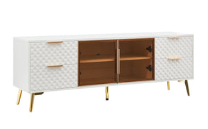English Elm Deluxe Sculpted Geometric TV Cabinet with Tempered Glass Doors, 4 Drawers, Adjustable Metal Feet, Modern Chic Design White W1162P294819