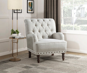 English Elm 1pc Beige Accent Chair – Button-Tufted Fabric, Nailhead Trim, Solid Wood Frame, Luxurious Living Room Seat B011P281844