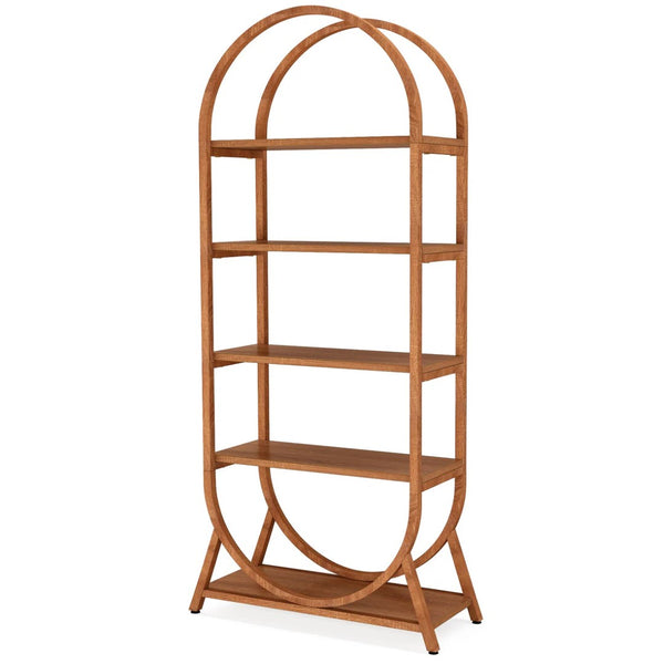 English Elm Versatile Arched Five Tier Bookcase Warm Brown Metal Frame Open Shelving for Small Spaces T3971P458354