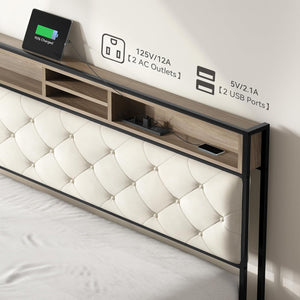 English Elm King Upholstered Platform Bed with Charging Station, Storage Headboard, Metal Slats, Beige Elegance W2904P372063