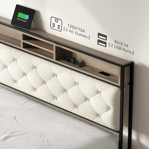English Elm King Upholstered Platform Bed with Charging Station, Storage Headboard, Metal Slats, Beige Elegance W2904P372063