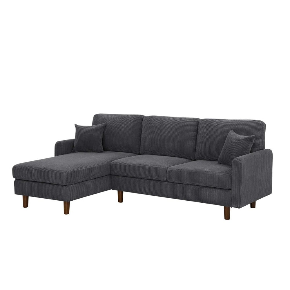 English Elm Corduroy Ribbed Upholstered L-shaped Sectional with Solid Wood Legs and Accent Pillows Dark Gray B2748S00176