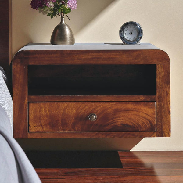 English Elm Chunky Chestnut Floating Bedside Nightstand, Solid Mango Wood, 1 Drawer + Open Shelf, Brown B182P263291