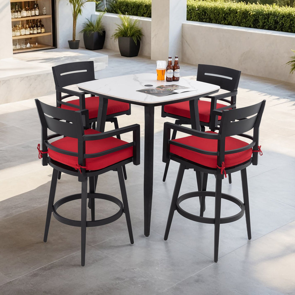 English Elm Modern 5Pc Outdoor Patio Bar Set With Marble-Inspired Table & Swivel Chairs For Stylish Comfort W1886S00035