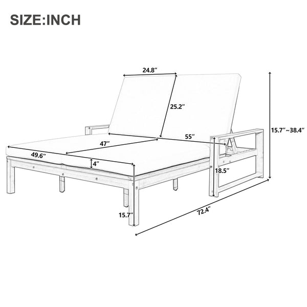 English Elm Trexm Outdoor Acacia Wood Double Chaise Lounge with Adjustable Backrests and Cushions Light Teak TM000031AAD