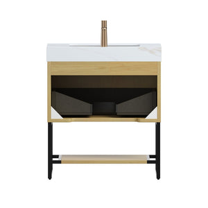 English Elm Yolan 30 Inch Freestanding Bathroom Vanity Plywood Cabinet Sintered Stone Top Oak Finish Black,Carrara White,Golden Oak W2615S00650