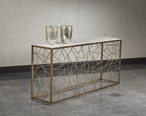 Sunpan VERO Console Table - Striking White Volakas Marble with Rustic Bronze Steel Frame for Modern Spaces 103486