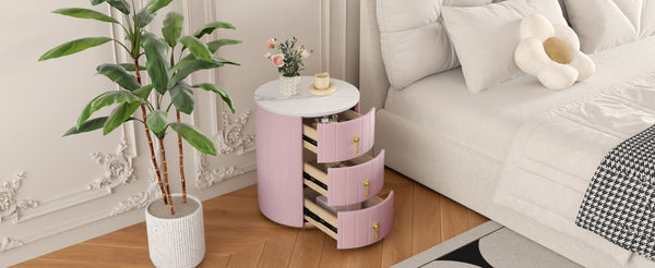 English Elm Upholstered Rounded Nightstand with 3 Spacious Drawers, Marbled Top and Metal Handles, Fully Assembled Pink 24 L x 19.5 W x 18.89 H N733P272609H