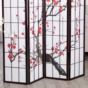 English Elm 70" Elegant 4-Panel Room Divider With Plum Blossom Design, Black Frame For Privacy & Style B072115960