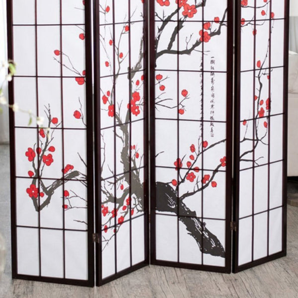 English Elm 70" Elegant 4-Panel Room Divider With Plum Blossom Design, Black Frame For Privacy & Style B072115960