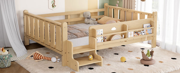 English Elm Twin Pine Floor Bed with Guardrails Built-in Bookcases and Stair Steps for Kids W1580P430186