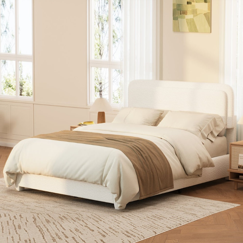 English Elm Boucle Cloud Upholstered Full Platform Bed with Adjustable Curved Headboard in White N733P439489K