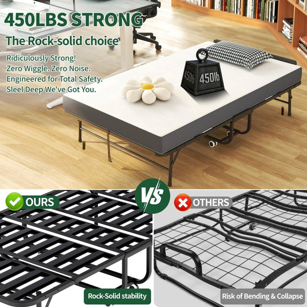 English Elm 75 Inch Rollaway Twin Bed with Memory Foam Mattress Heavy Duty Steel Frame Foldable W2735P425461