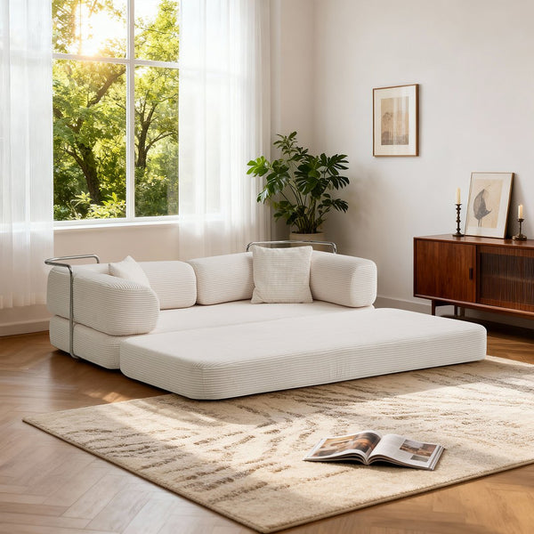 English Elm Floor Floor Couch Convertible 5-in-1 Corduroy Sofa Bed with Pillow-to-Blanket, Reinforced Frame Cream W3565P354961