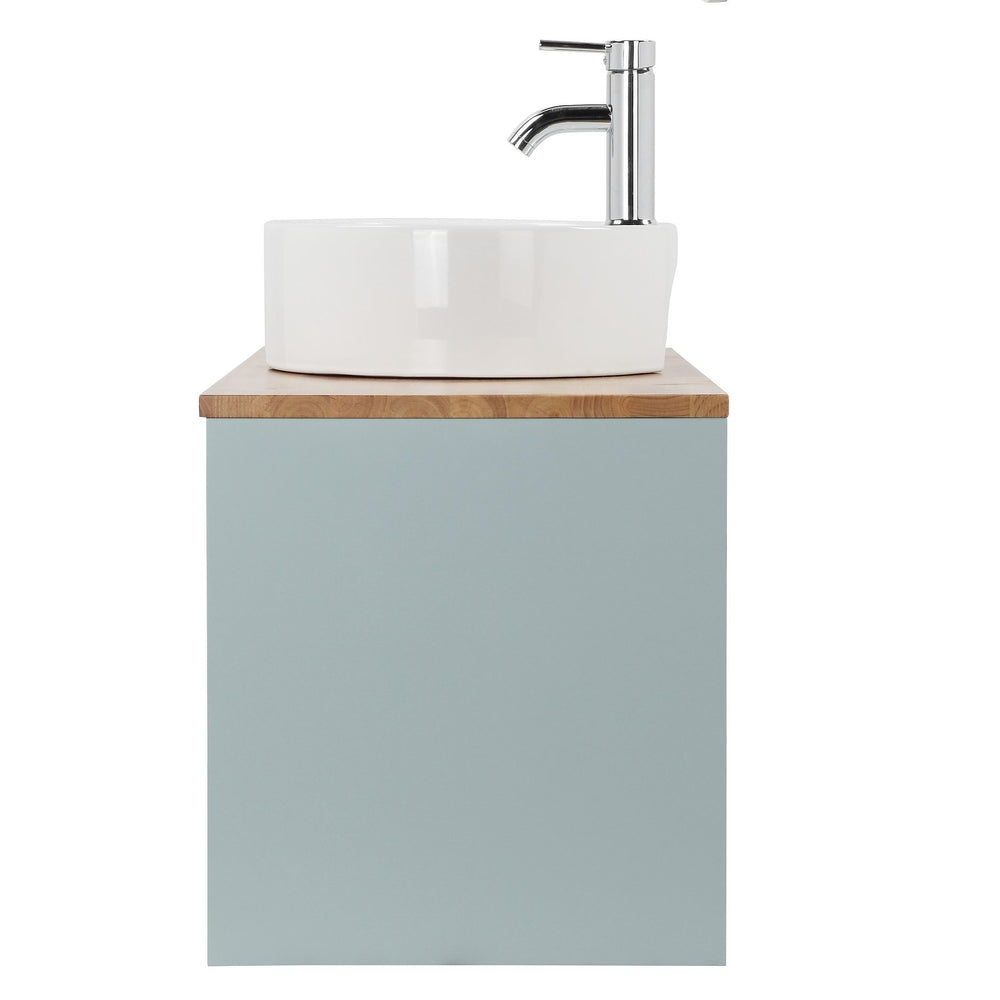 English Elm 36-Inch Wall-Mounted Bathroom Vanity With Blue Cabinet, Natural Wood Top & Round Ceramic Sink Design W3151S00011