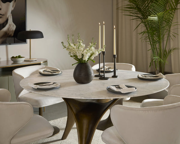 Sunpan Bijon 59" Dining Table with Matte White Carrara Marble Top & Sculptural Base - Unique Elegance