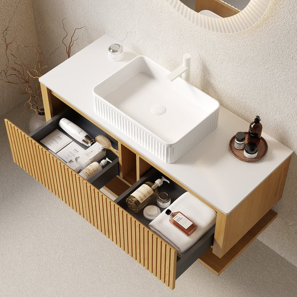 English Elm HIZON 48" Plywood Wall-Mounted Bathroom Cabinet in Corolla Oak Veneer — 2 Drawers + Open Shelf, Moisture-Resistant W2615P279438