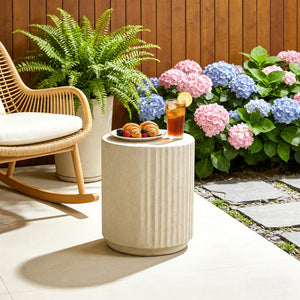 English Elm U_style Mgo Cylinder Accent Table Wave Ribbed Concrete Look Patio or Indoor Plant Stand Beige N711P422078A