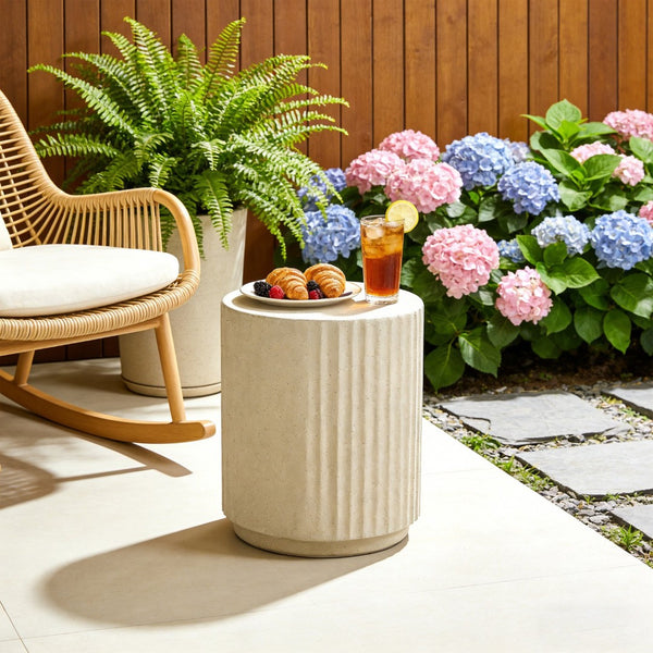 English Elm U_style Mgo Cylinder Accent Table Wave Ribbed Concrete Look Patio or Indoor Plant Stand Beige N711P422078A