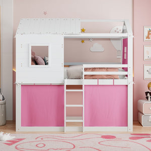 English Elm Twin Treehouse Bunk Bed Solid Pine Playhouse Frame with Cozy Canvas Tent Hideaway LT000379AAH-1